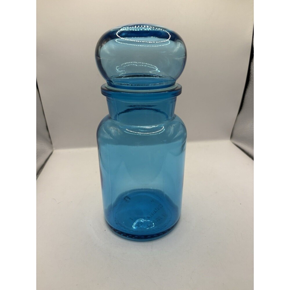 Vintage MCM Belgium Blue Glass Apothecary Jar 8.5”Tight Lid Bubble Top Canister